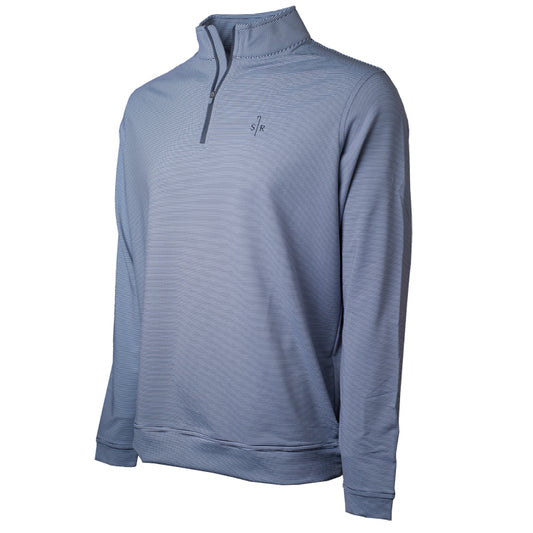 Dark gray and white striped, long sleeve, pullover with a 1/4 zipper. Features the Sheep Ranch logo.