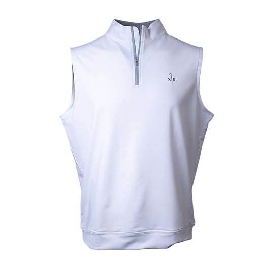 White sleeveless quarter-zip golf vest with Sheep Ranch logo